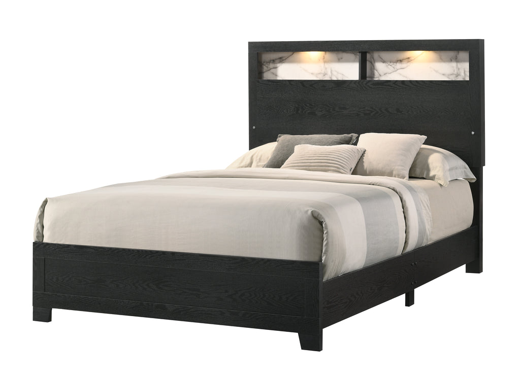 B4510 4 pc Red barrell studio cadence black finish wood storage headboard with lights queen bedroom set
