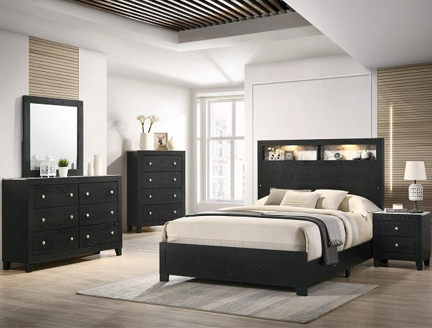 B4510 4 pc Red barrell studio cadence black finish wood storage headboard with lights queen bedroom set