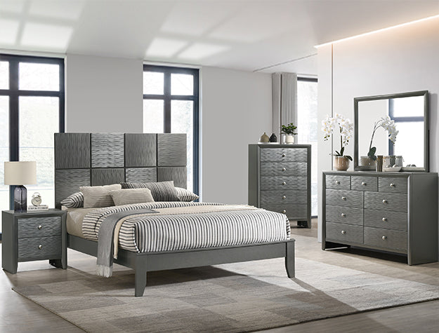 B4715-4PC 4 pc Denker gun metal wood textured panels finish queen bedroom set