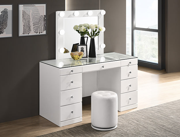 B4850WH 3-Piece White High Gloss Makeup Bedroom Vanity Set with LED Lighting