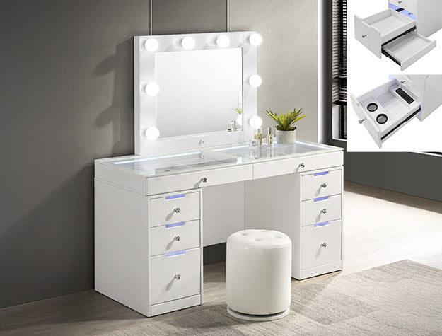 B4852WH 3 pc Luxo white high gloss wood finish make up bedroom vanity set LED lighting