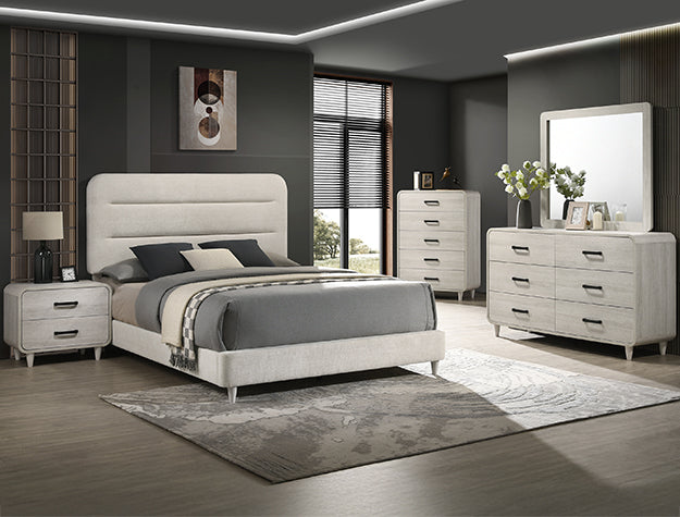 B4900 4 pc Nyomi antique white wood finish mid century modern design queen bedroom set