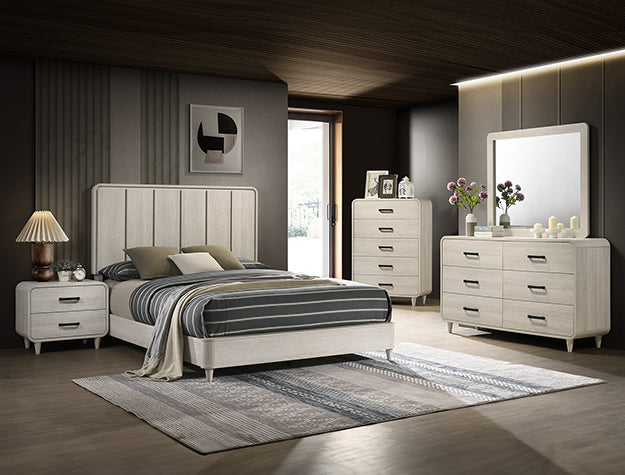 B4902 4 pc Nyomi antique off white wood finish mid century modern design queen bedroom set