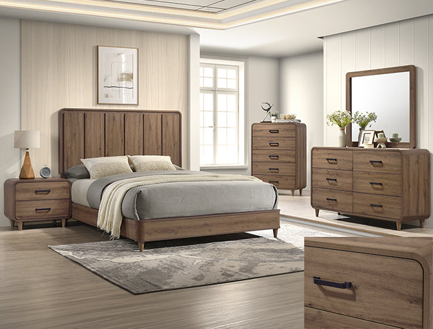 B4922 4 pc Nyomi light brown wood finish mid century modern design queen bedroom set