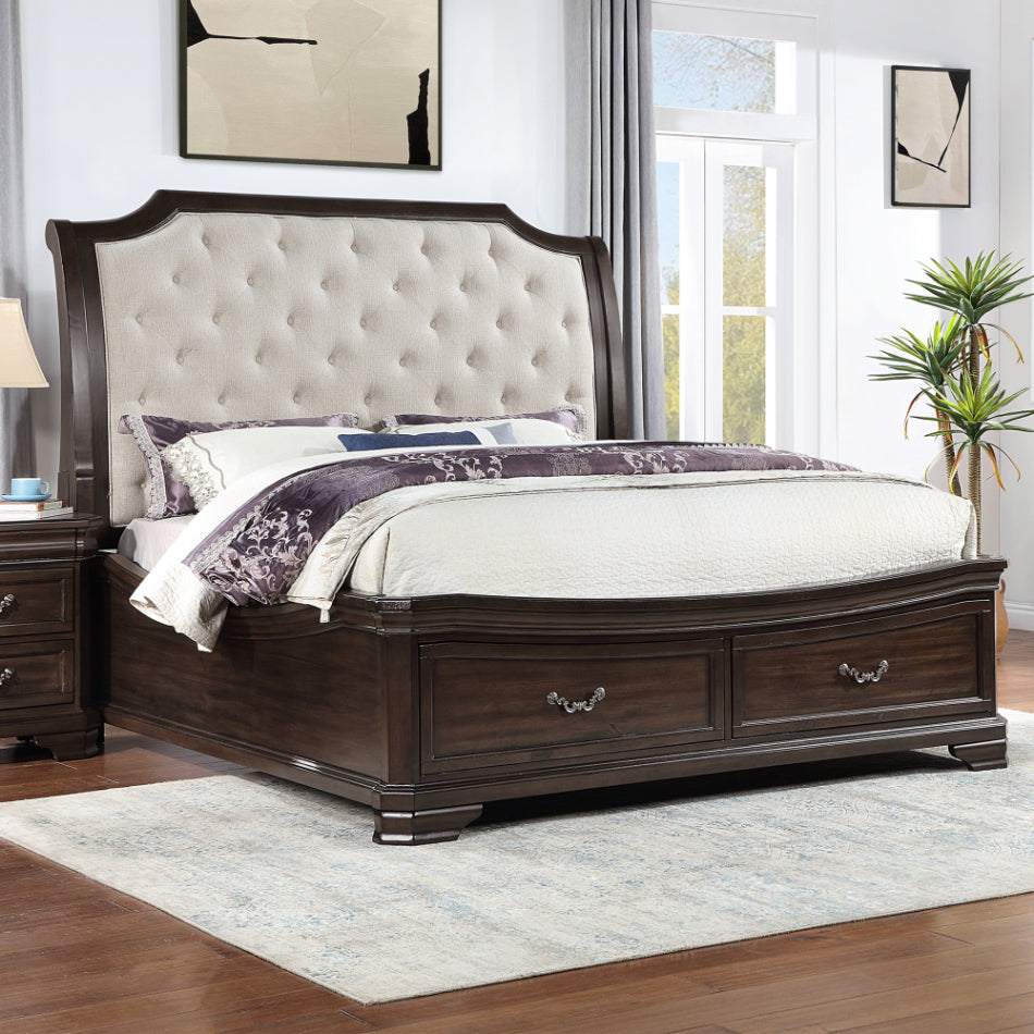00-493B-4PC 4 pc Lyndhurst walnut finish wood country sleigh fabric upholstered headboard style queen bed set footboard drawers