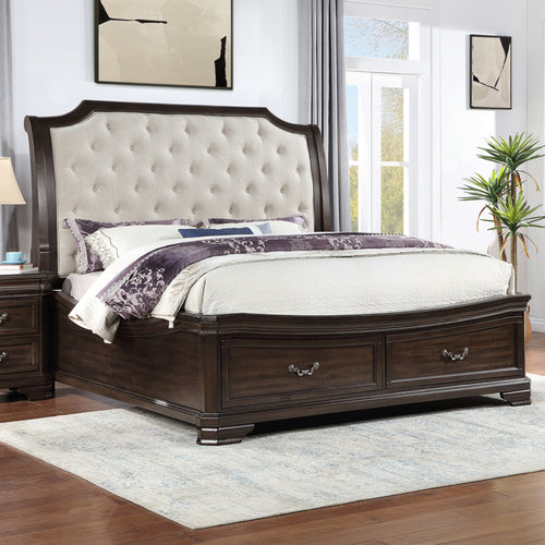 00-493B-4PC 4 pc Lyndhurst walnut finish wood country sleigh fabric upholstered headboard style queen bed set footboard drawers
