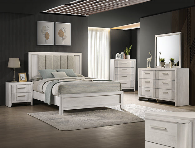 Carlton 4-Piece Off-White Wood Channel Padded Headboard Queen Bedroom Set – B5552