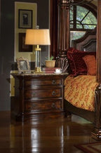 B6005-4PC 4 pc Tuscan II medium wood finish with bonded leather tufted padded headboard four poster canopy bedroom set with marble tops