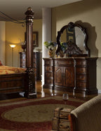 B6005-4PC 4 pc Tuscan II medium wood finish with bonded leather tufted padded headboard four poster canopy bedroom set with marble tops