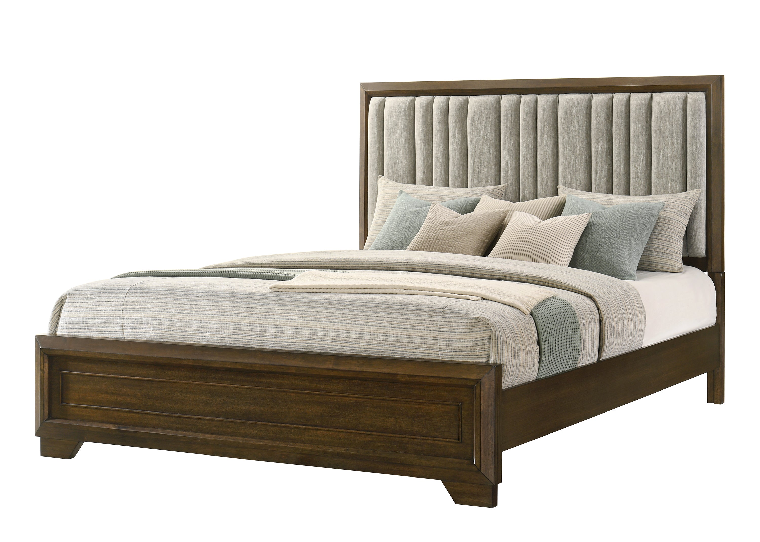 B6520 4 pc Lakecrest chevron design wood tone fabric padded headboard queen bedroom set