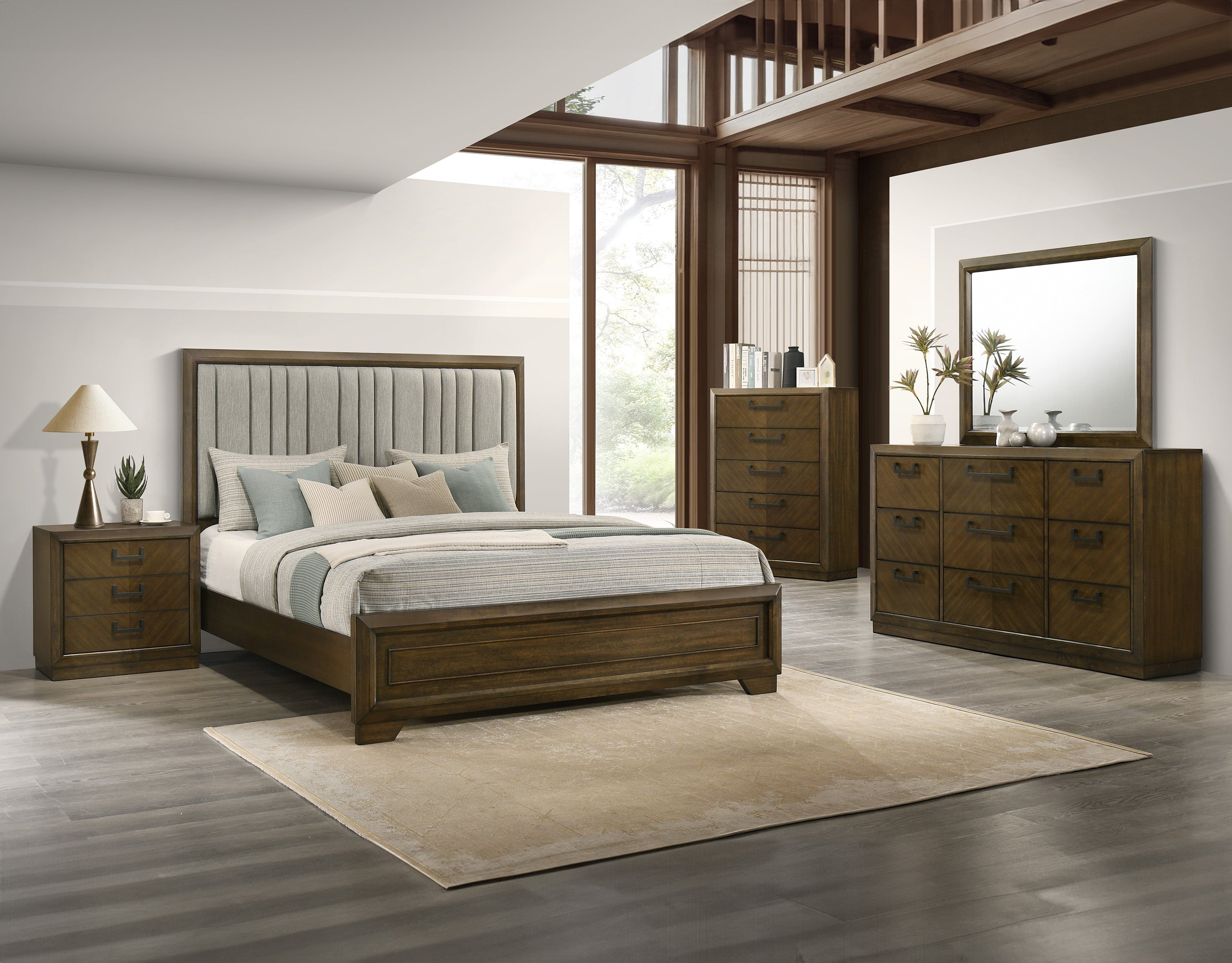 B6520 4 pc Lakecrest chevron design wood tone fabric padded headboard queen bedroom set