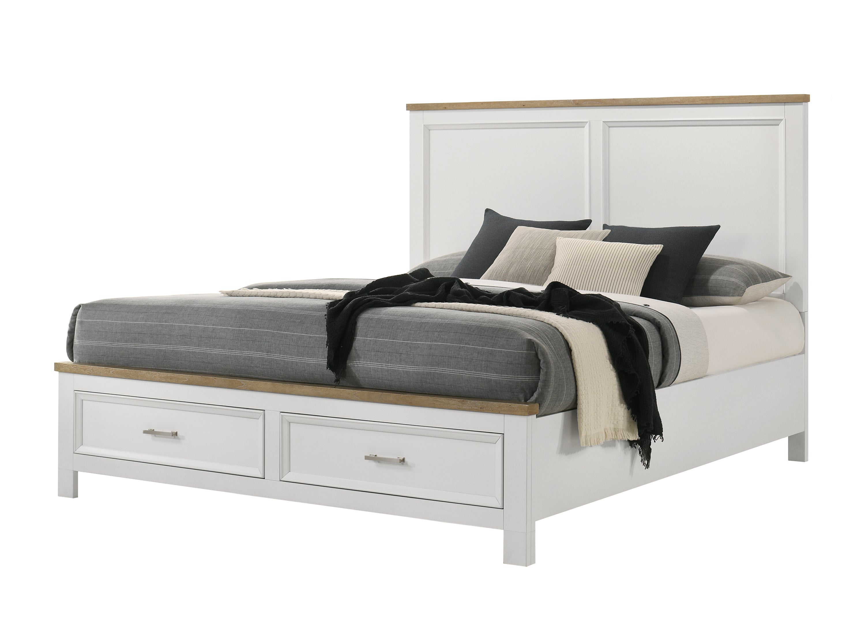 B6550 4 pc Aston crisp white finish and oak wood finish accents queen bedroom set with footboard drawers