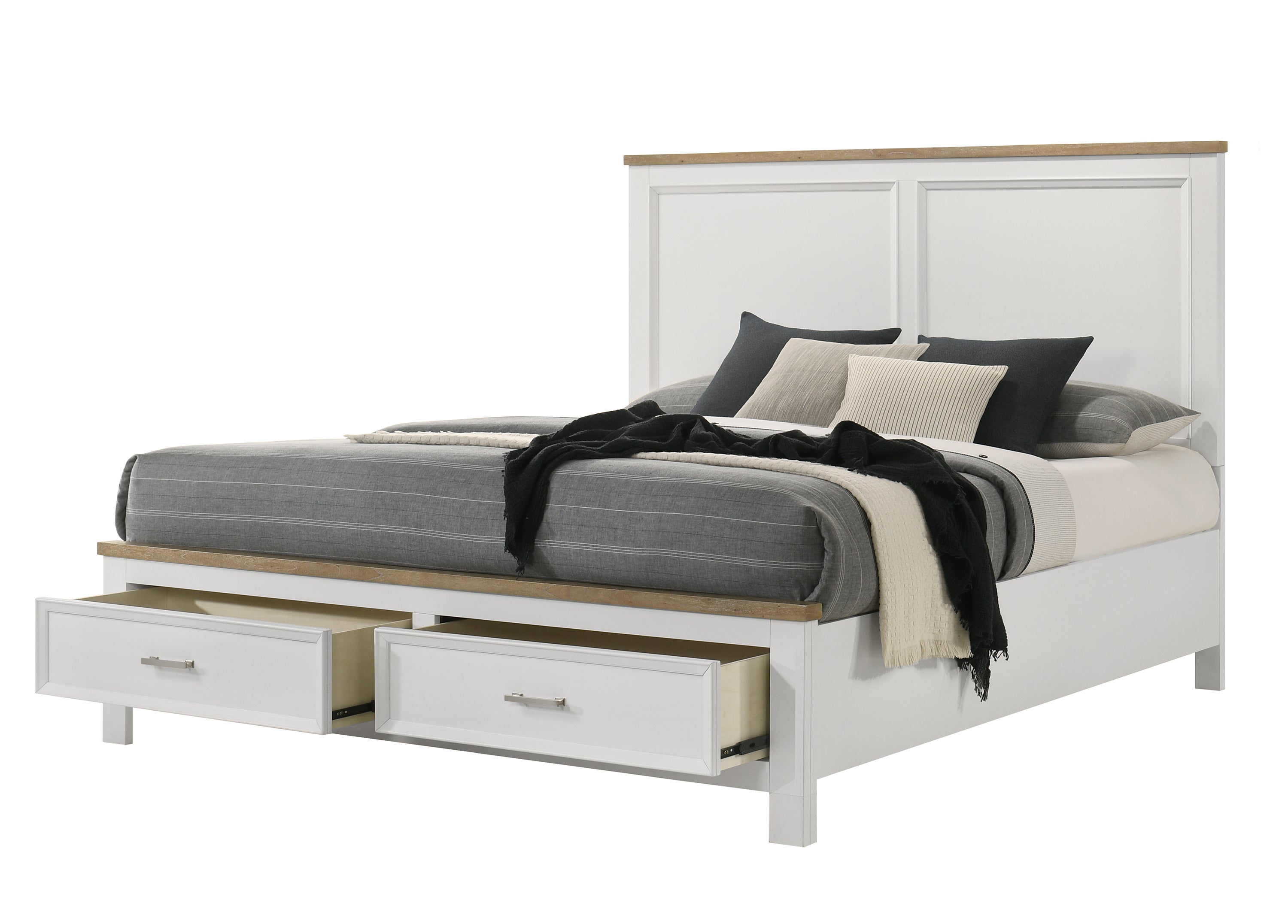 B6550 4 pc Aston crisp white finish and oak wood finish accents queen bedroom set with footboard drawers