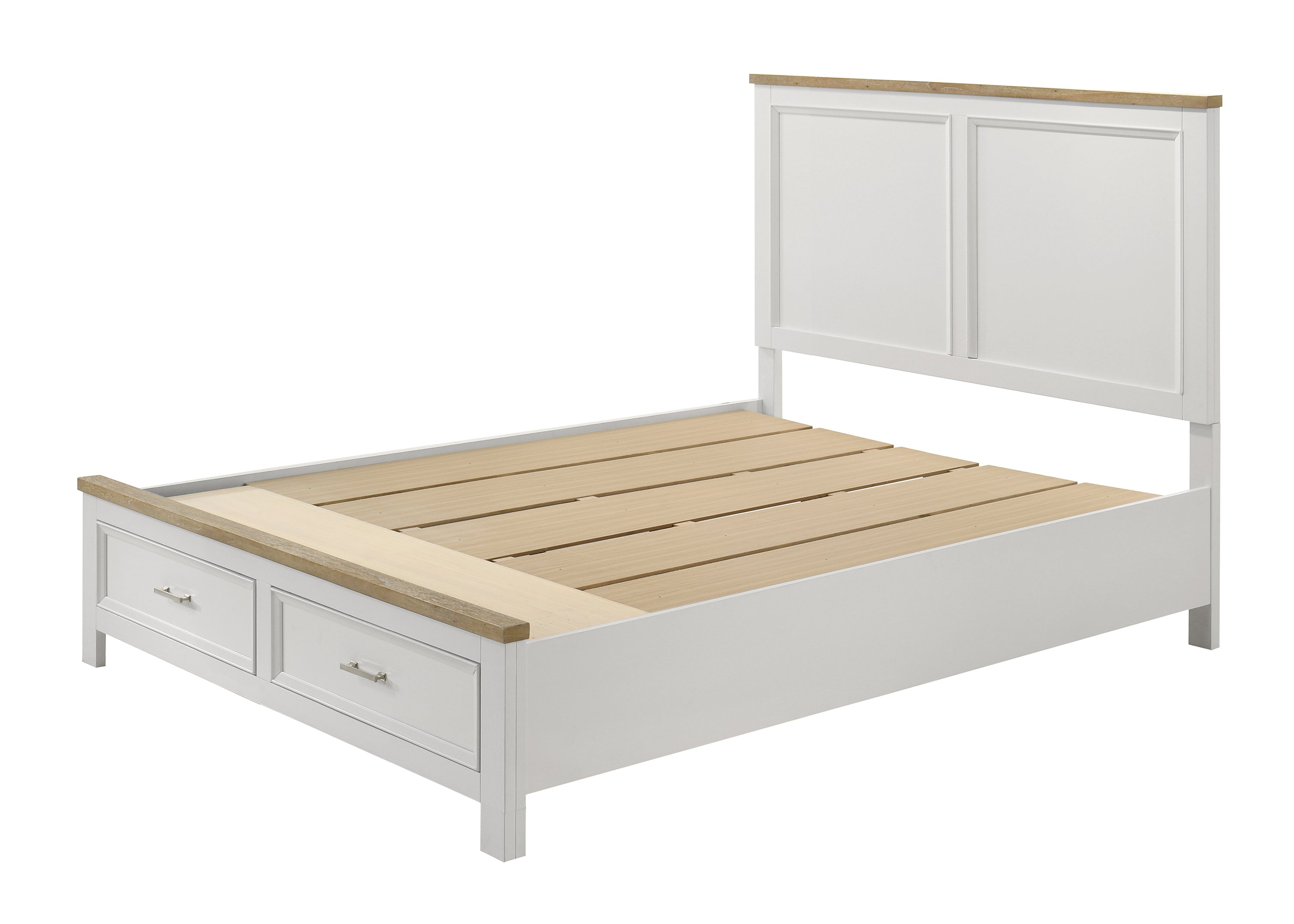 B6550 4 pc Aston crisp white finish and oak wood finish accents queen bedroom set with footboard drawers