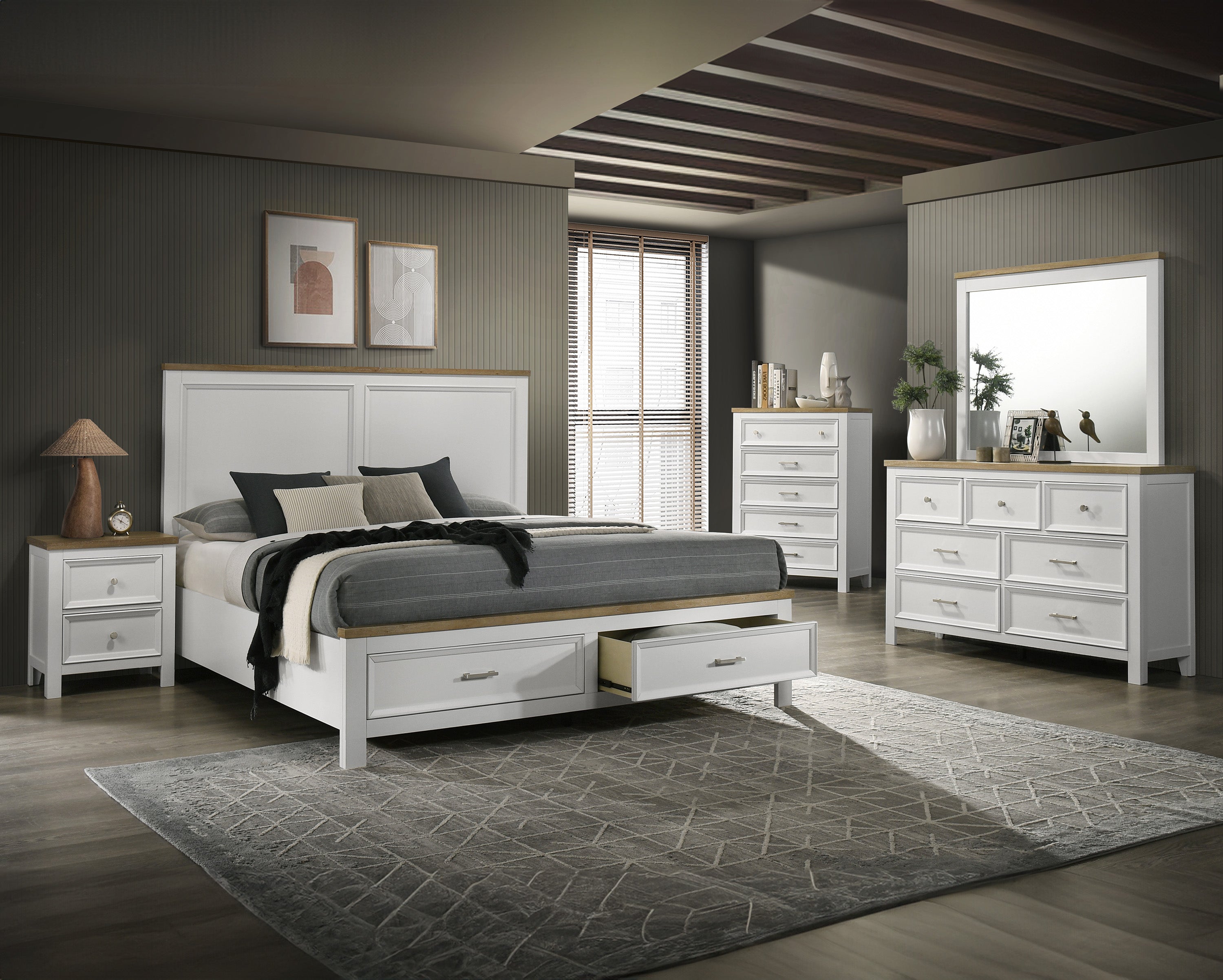B6550 4 pc Aston crisp white finish and oak wood finish accents queen bedroom set with footboard drawers