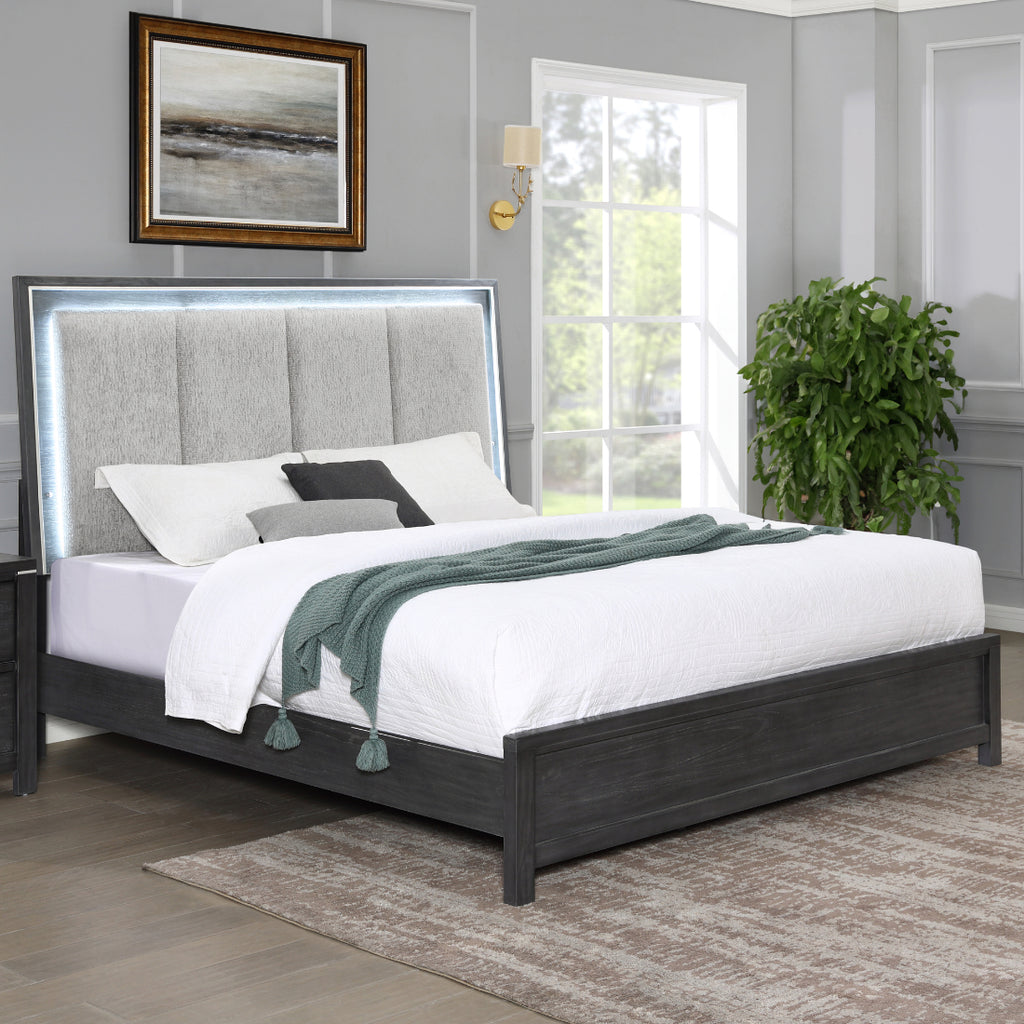 00-6555-4PC 4 pc Odessa charcoal grey finish wood grey fabric padded queen bed set LED accents