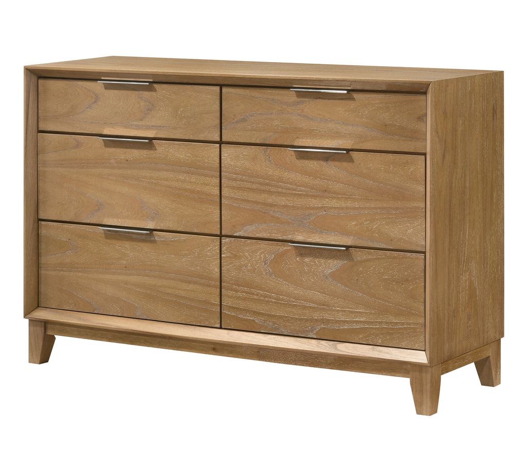 Florian 4-Piece Natural Light Wood Grain Fabric Padded Headboard Queen Bedroom Set with Footboard Drawers – B6572