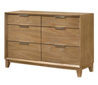 Florian 4-Piece Natural Light Wood Grain Fabric Padded Headboard Queen Bedroom Set with Footboard Drawers – B6572
