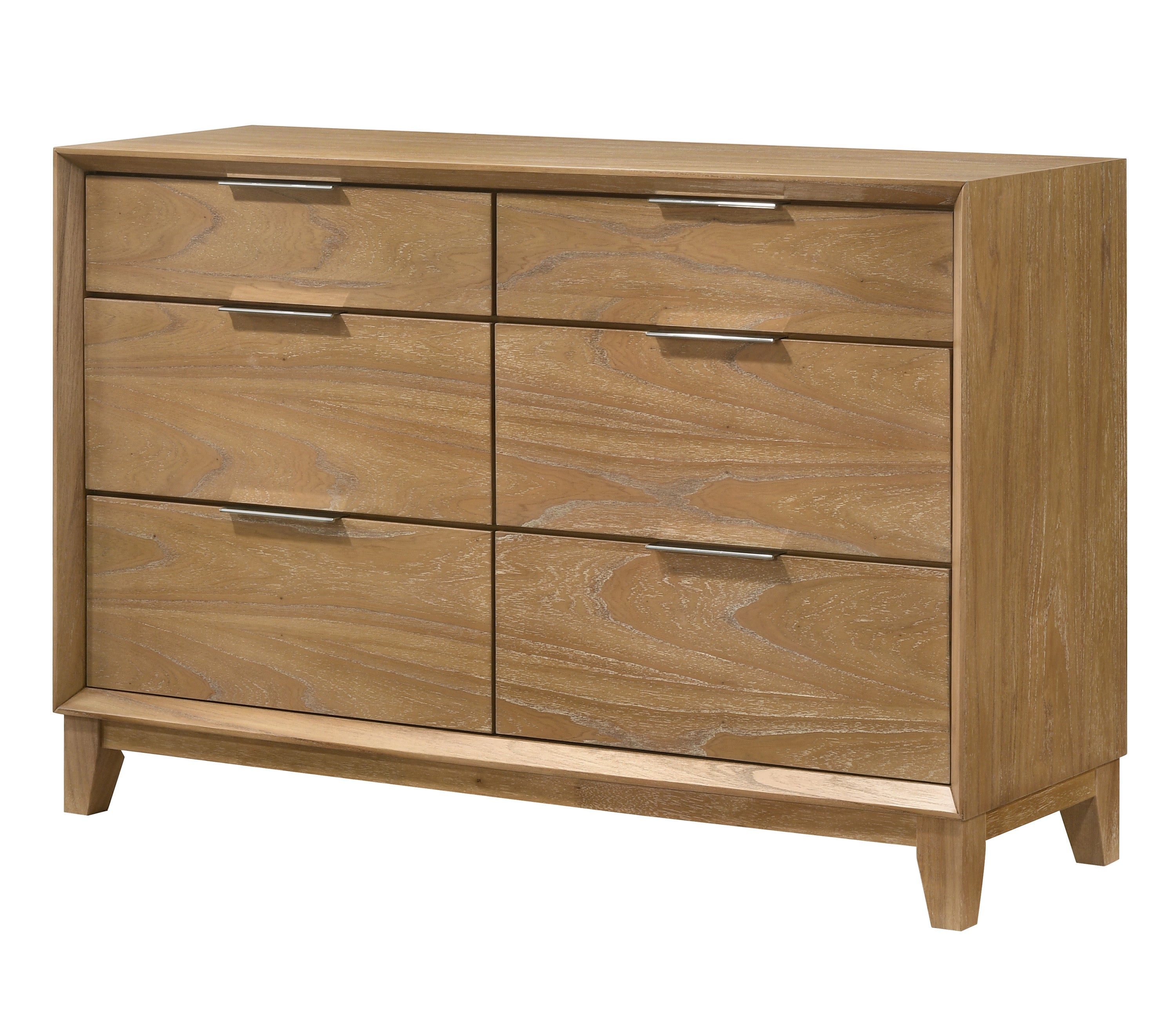 Florian 4-Piece Natural Light Wood Grain Fabric Padded Headboard Queen Bedroom Set with Footboard Drawers – B6572