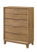 Florian 4-Piece Natural Light Wood Grain Fabric Padded Headboard Queen Bedroom Set with Footboard Drawers – B6572