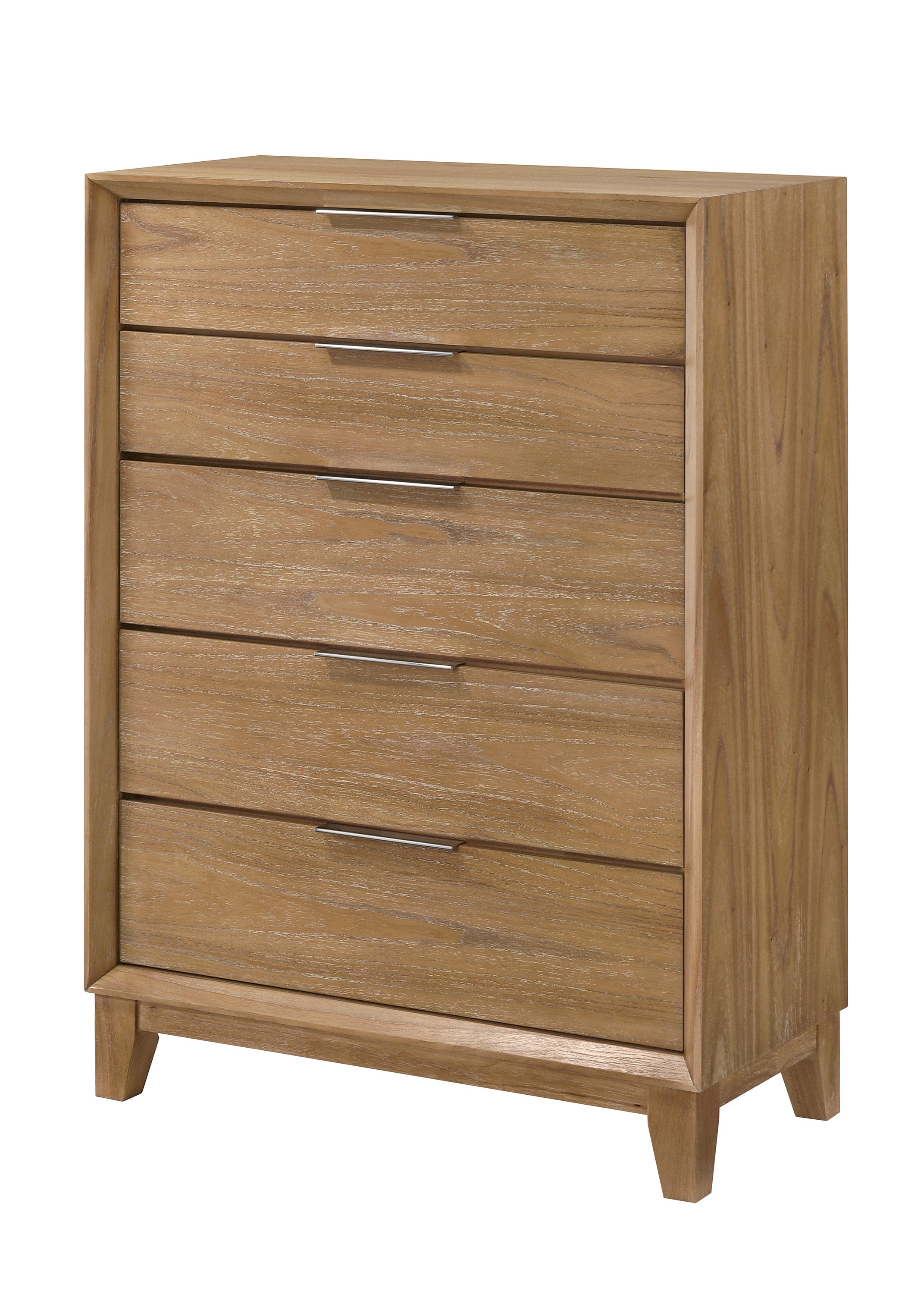 Florian 4-Piece Natural Light Wood Grain Fabric Padded Headboard Queen Bedroom Set with Footboard Drawers – B6572