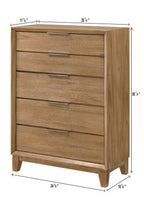 Florian 4-Piece Natural Light Wood Grain Fabric Padded Headboard Queen Bedroom Set with Footboard Drawers – B6572