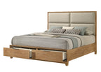 Florian 4-Piece Natural Light Wood Grain Fabric Padded Headboard Queen Bedroom Set with Footboard Drawers – B6572