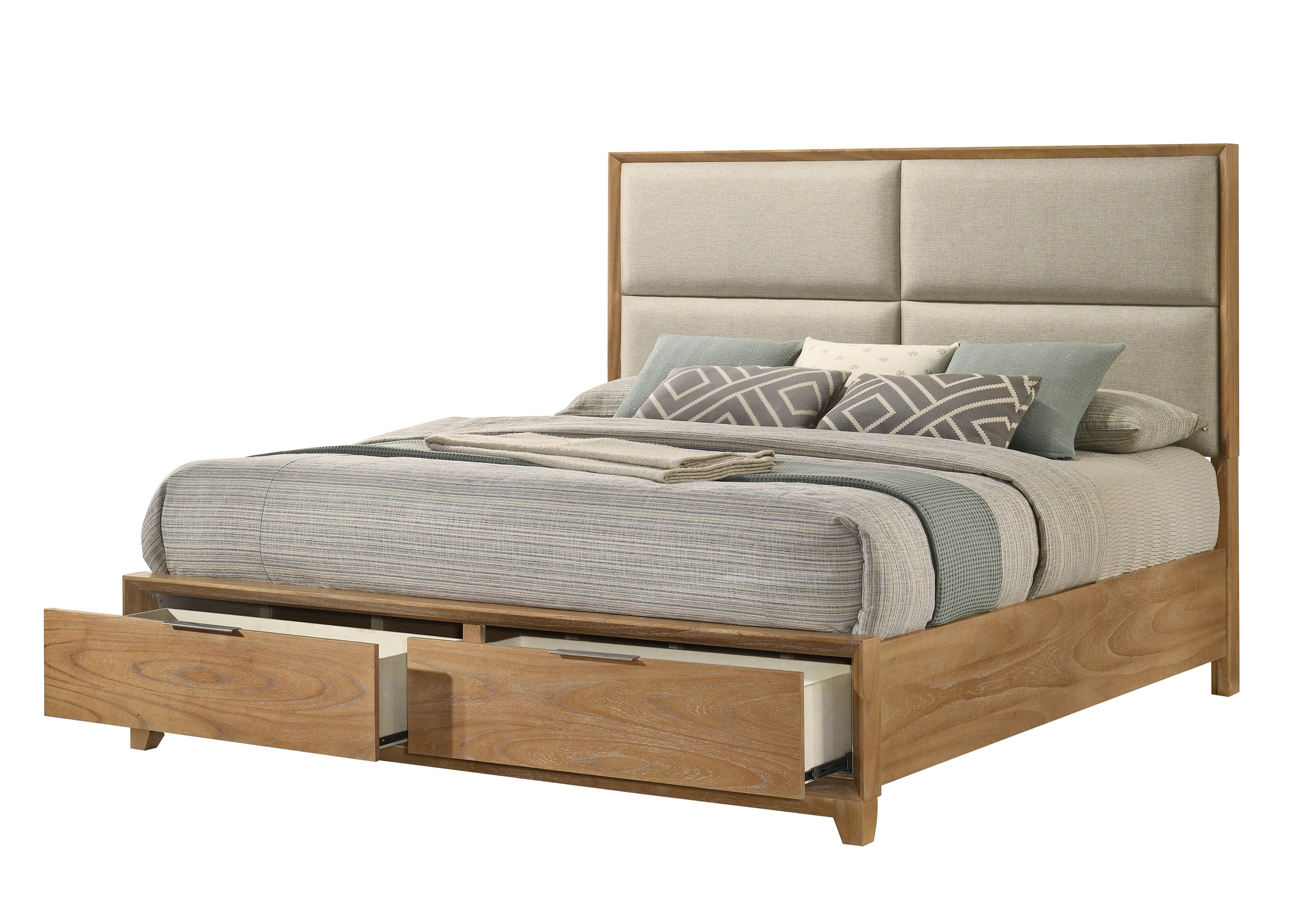 B6572 4 pc Florian natural light wood grain finish wood fabric padded headboard queen bedroom set footboard storage drawers