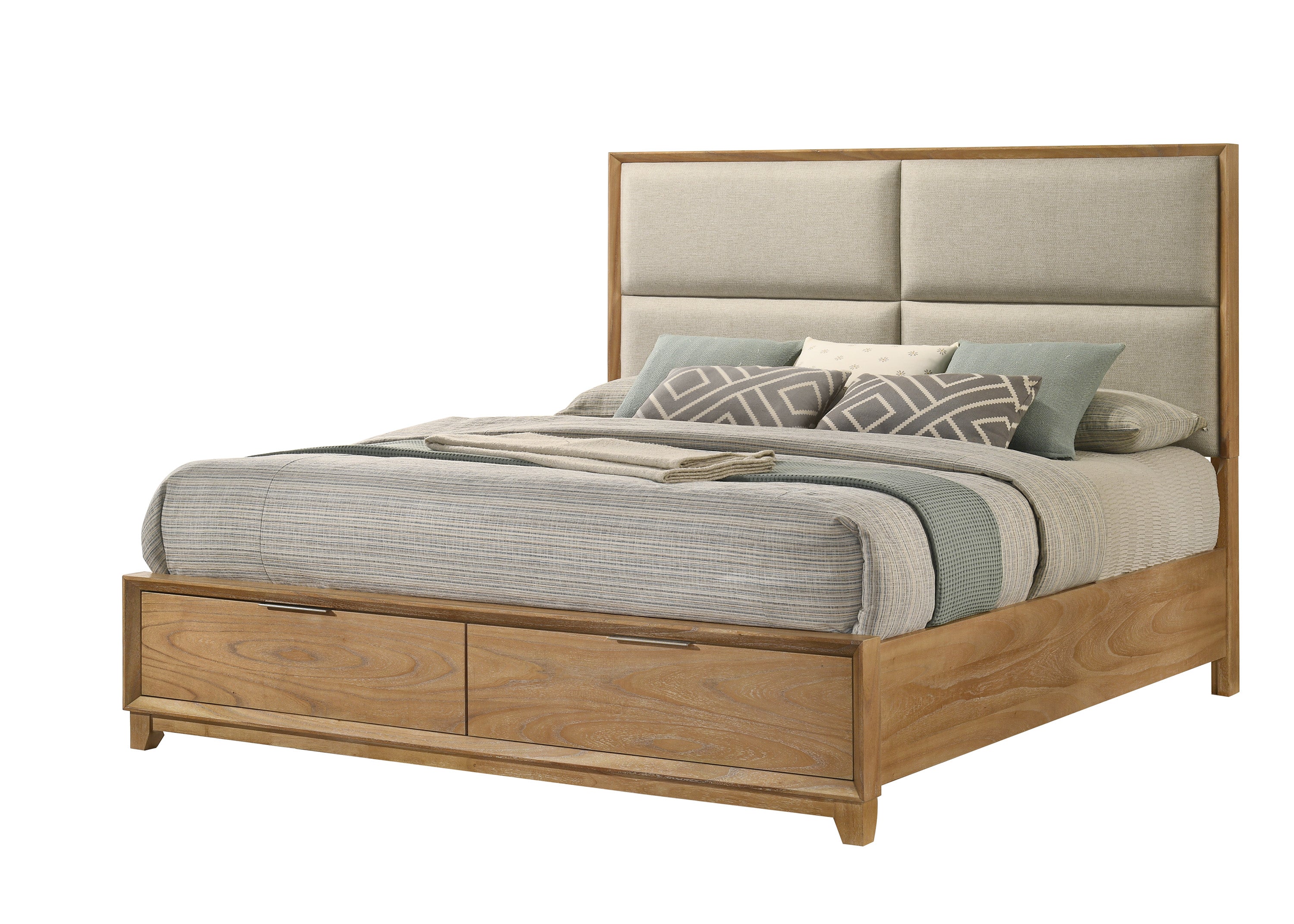 B6572 4 pc Florian natural light wood grain finish wood fabric padded headboard queen bedroom set footboard storage drawers