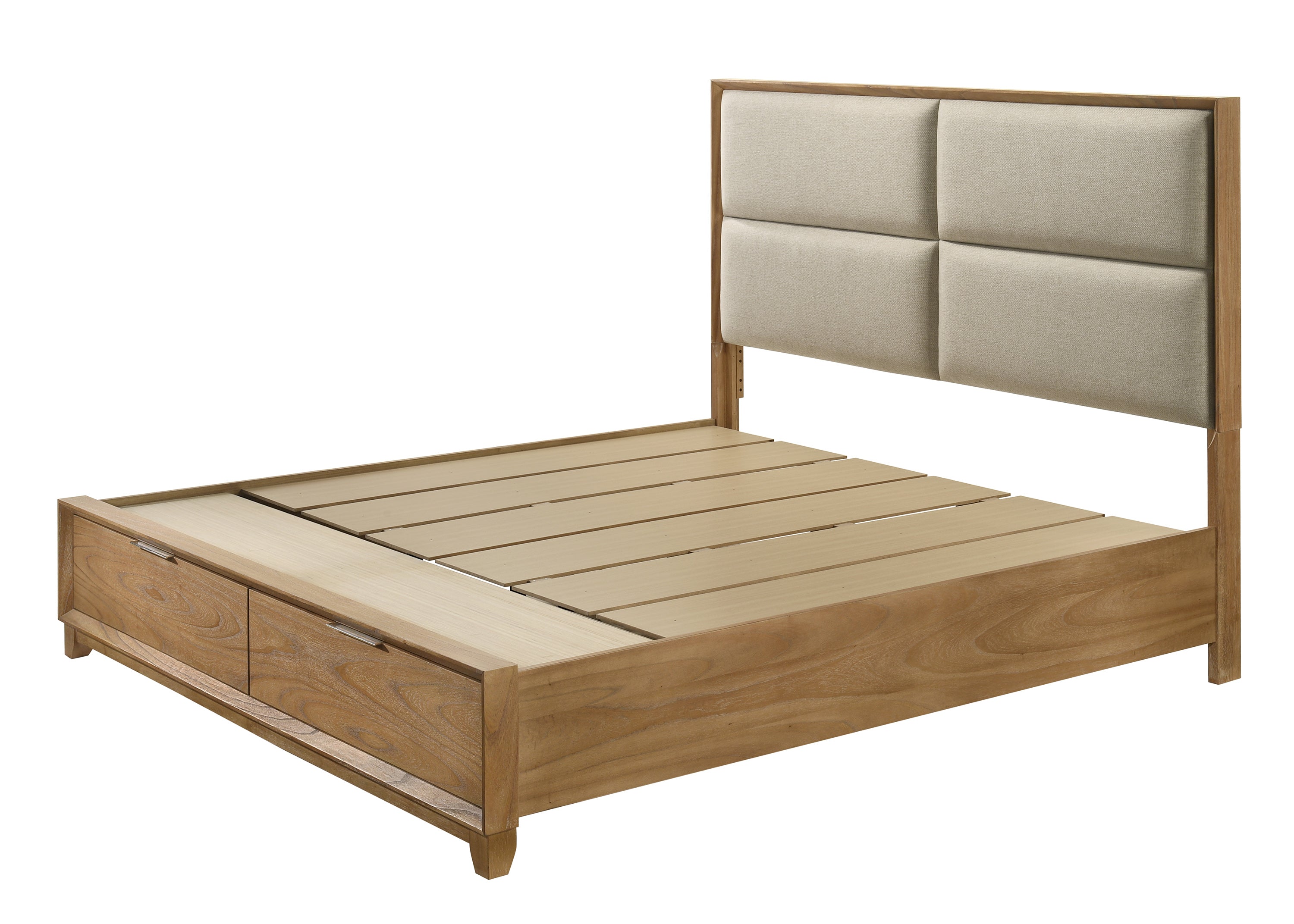 B6572 4 pc Florian natural light wood grain finish wood fabric padded headboard queen bedroom set footboard storage drawers