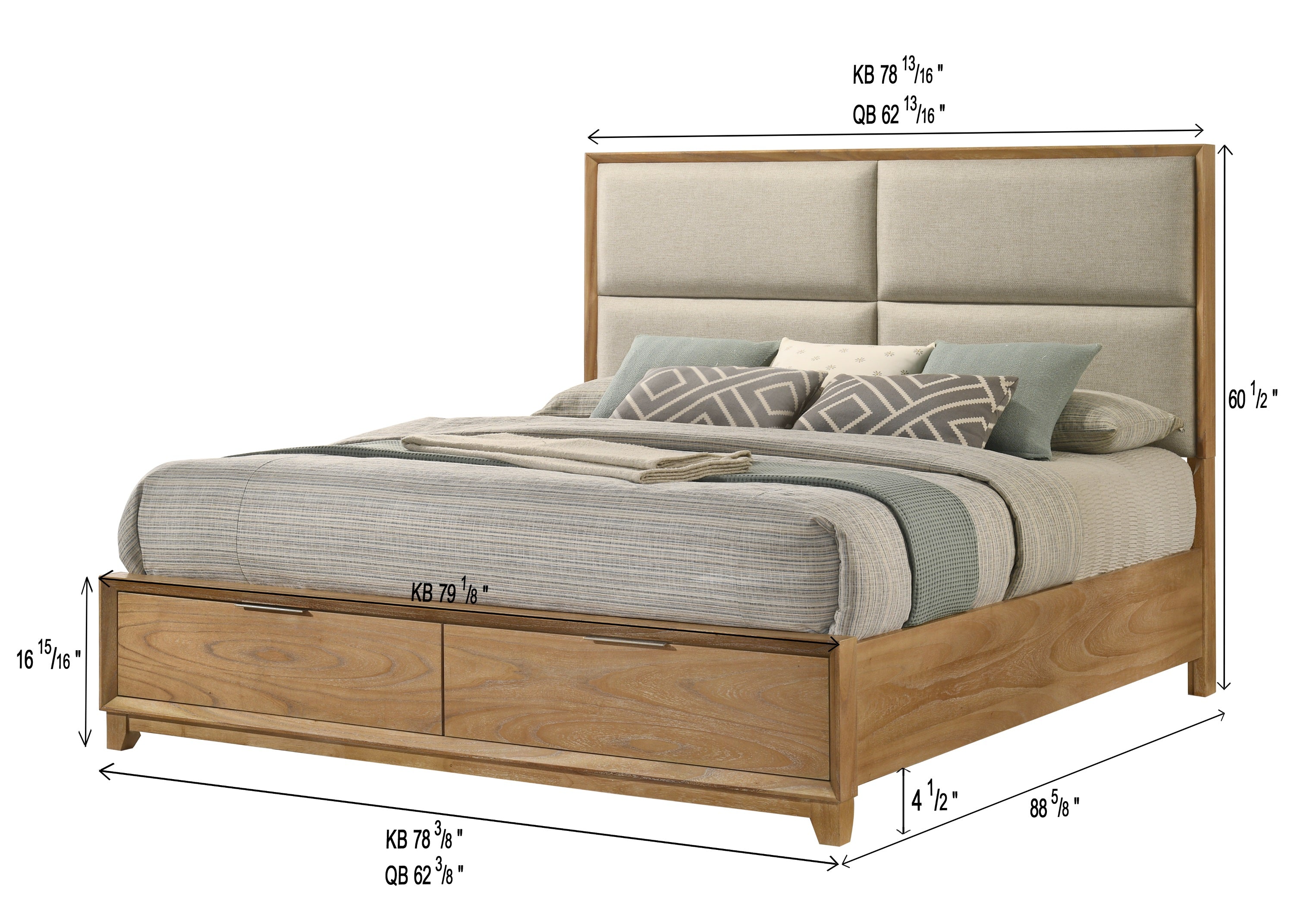 Florian 4-Piece Natural Light Wood Grain Fabric Padded Headboard Queen Bedroom Set with Footboard Drawers – B6572
