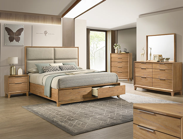 Florian 4-Piece Natural Light Wood Grain Fabric Padded Headboard Queen Bedroom Set with Footboard Drawers – B6572