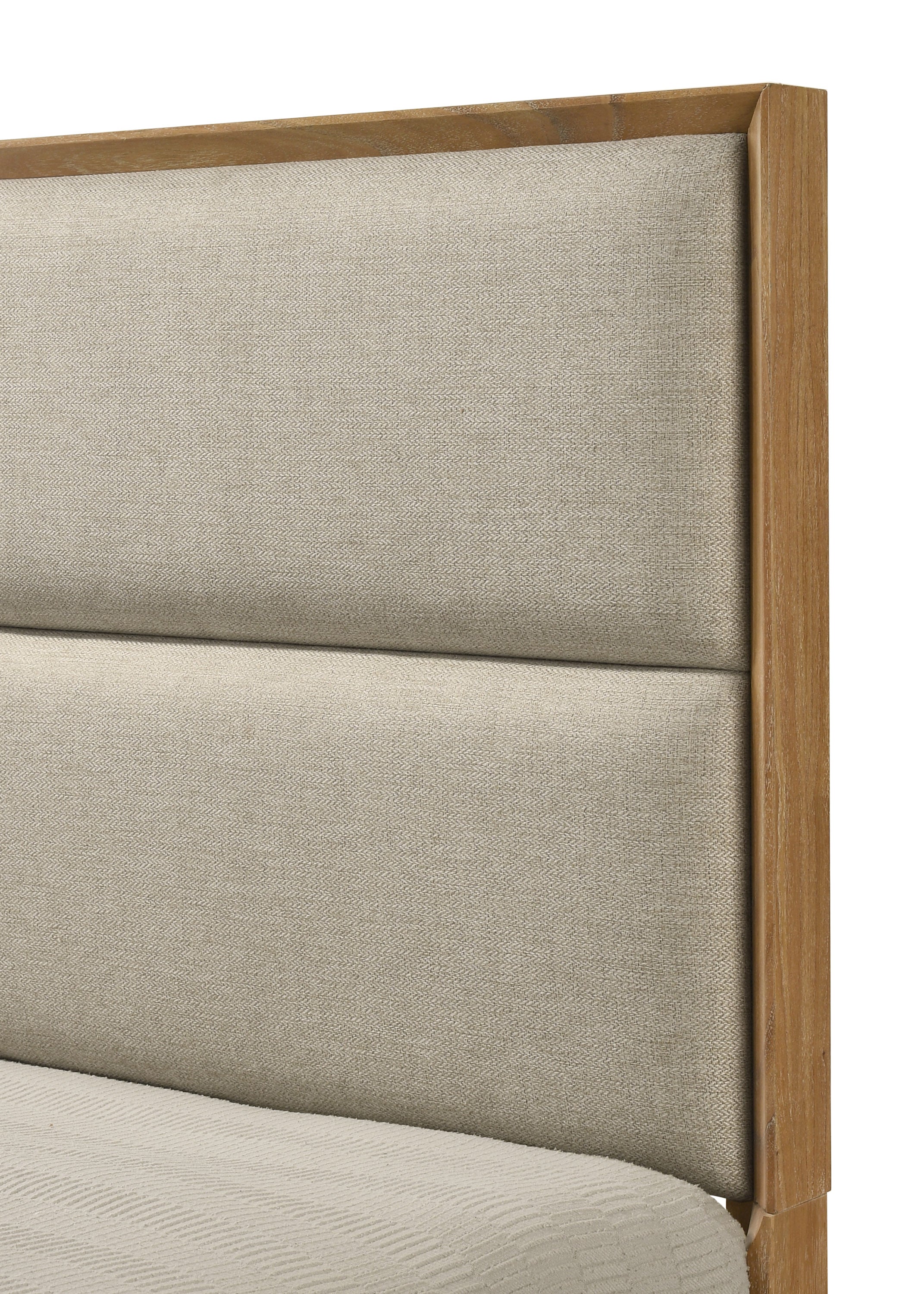 B6572 4 pc Florian natural light wood grain finish wood fabric padded headboard queen bedroom set footboard storage drawers