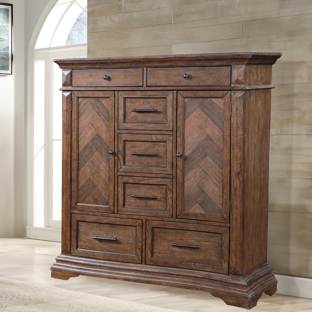 00-658-075 Mar Vista heirloom walnut finish wood chevron design inlay 2 cabinet door tall chest armoire dresser
