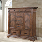 00-658-075 Mar Vista heirloom walnut finish wood chevron design inlay 2 cabinet door tall chest armoire dresser