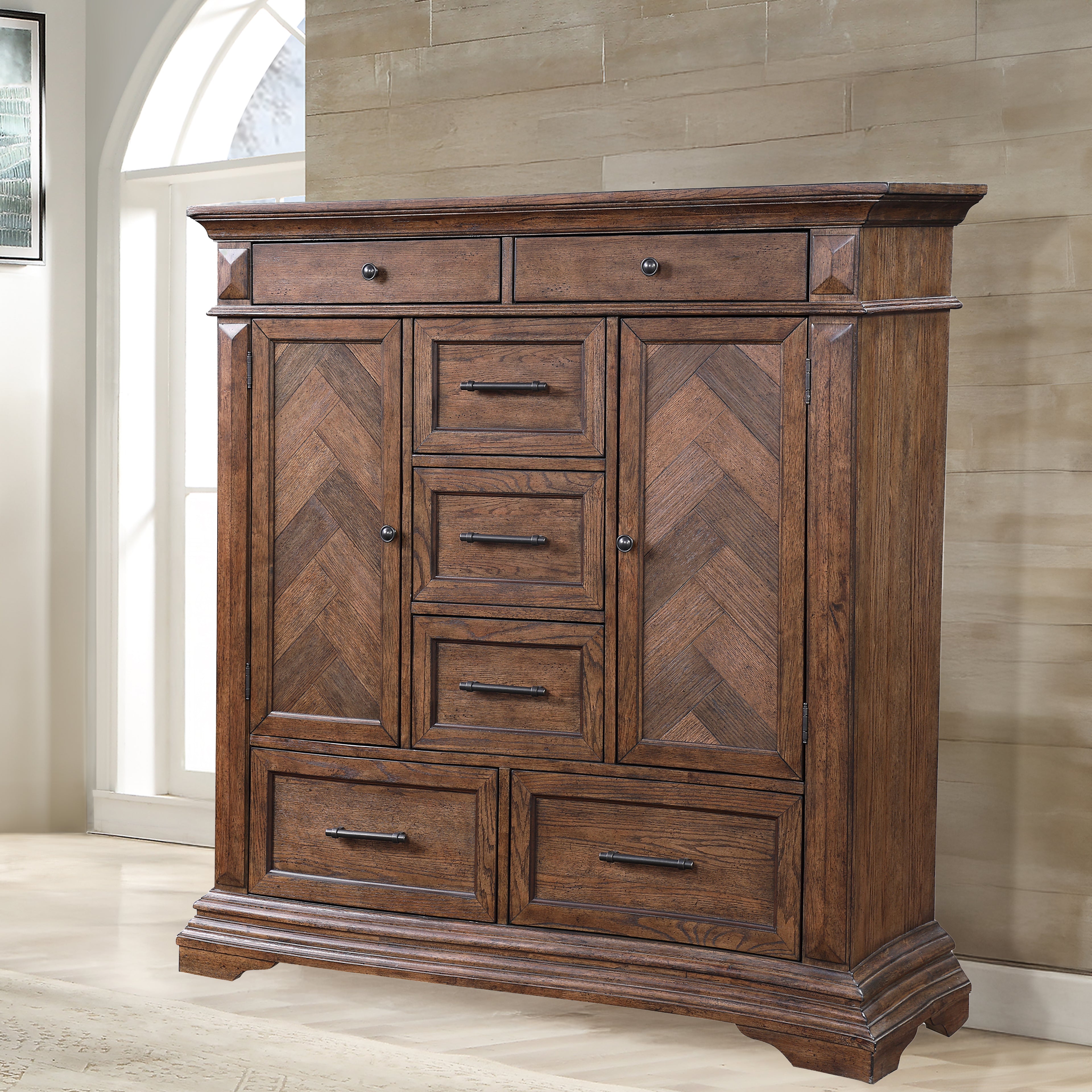 00-658-075 Mar Vista heirloom walnut finish wood chevron design inlay 2 cabinet door tall chest armoire dresser