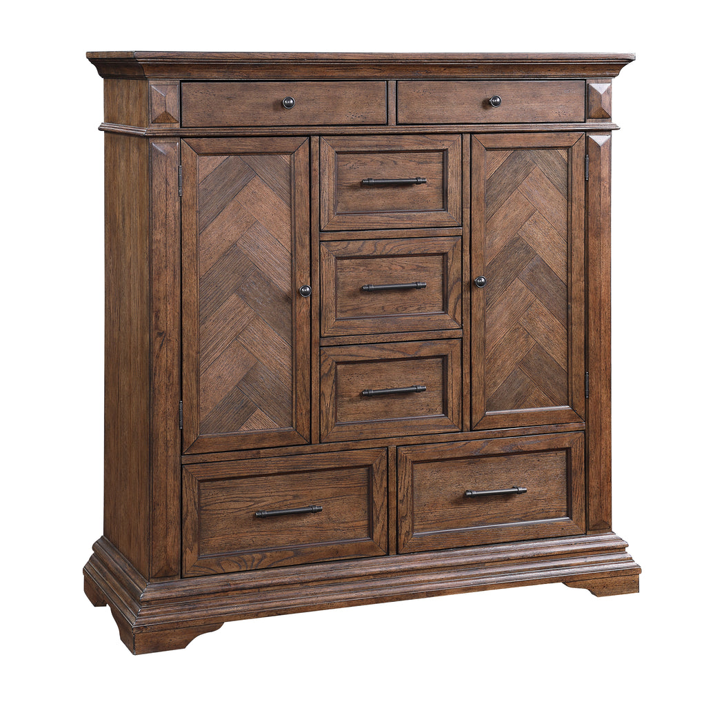 00-658-075 Mar Vista heirloom walnut finish wood chevron design inlay 2 cabinet door tall chest armoire dresser