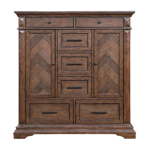 00-658-075 Mar Vista heirloom walnut finish wood chevron design inlay 2 cabinet door tall chest armoire dresser