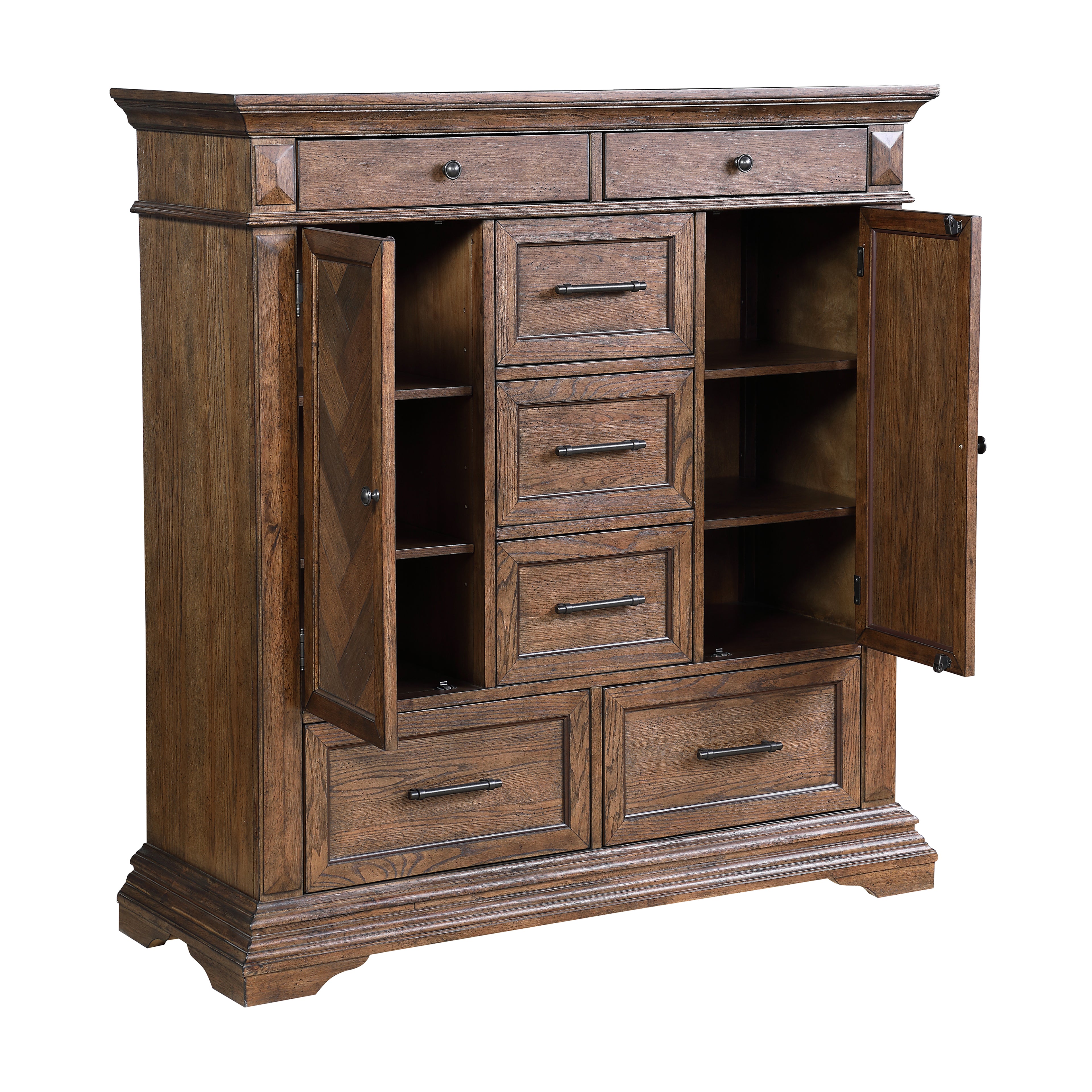 00-658-075 Mar Vista heirloom walnut finish wood chevron design inlay 2 cabinet door tall chest armoire dresser