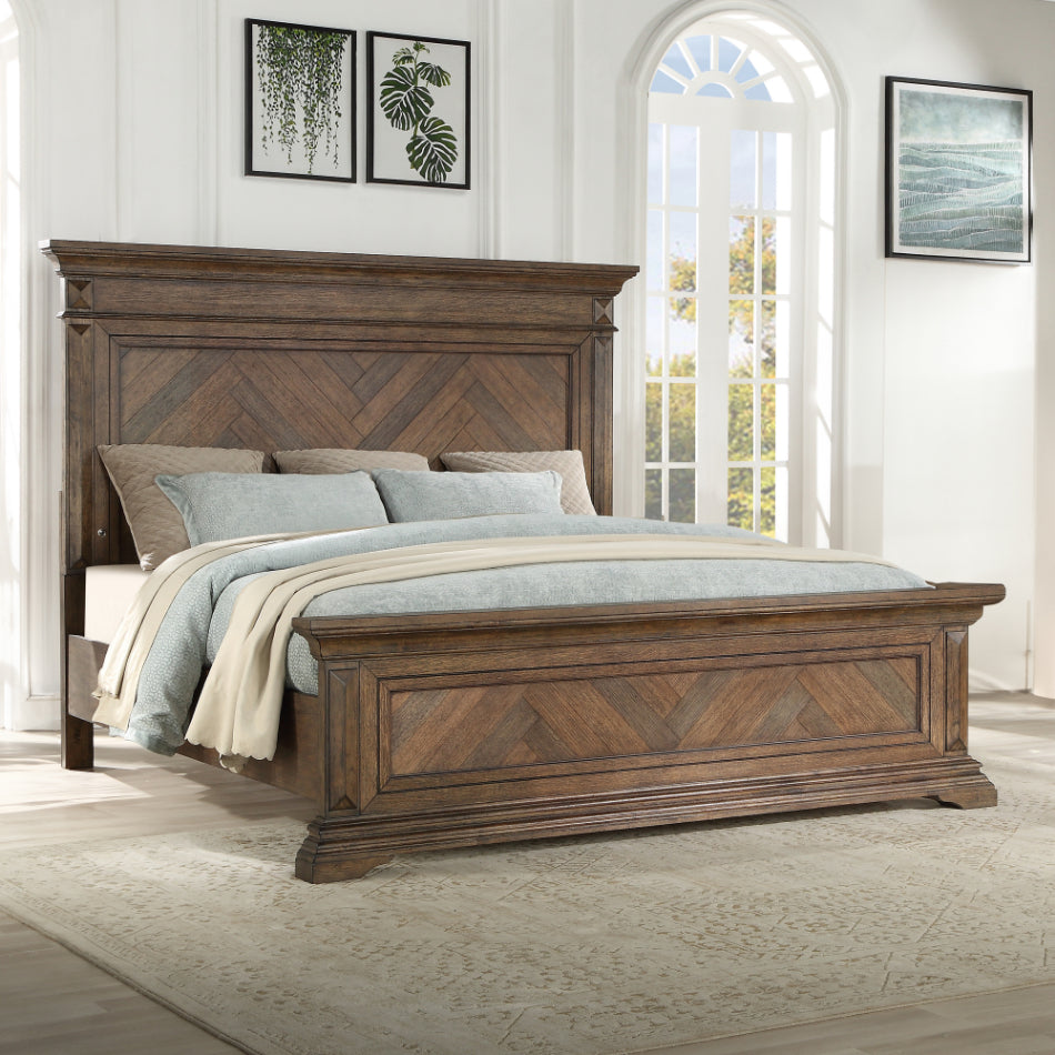00-658-4PC 4 pc Mar Vista heirloom walnut finish wood chevron design inlay queen bed set with USB ports