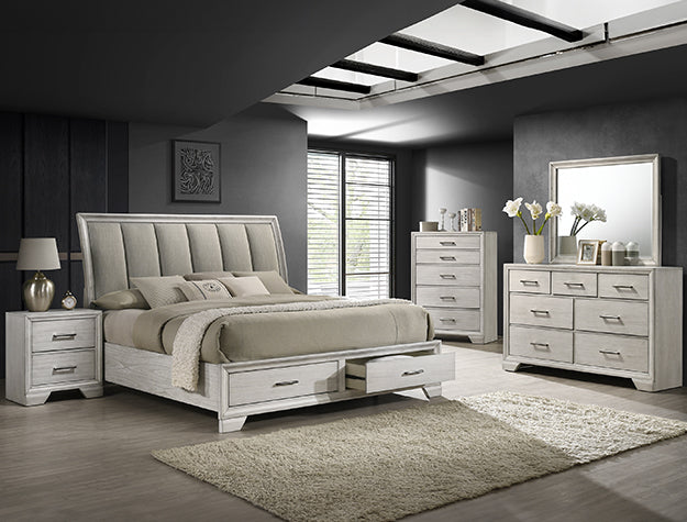 B6582 4 pc Jaymes white mist finish wood fabric padded headboard footboard drawers queen bedrom set