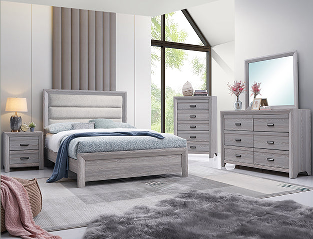 B6712 4 pc Adelaide drift wood panel look wood grain fabric padded headboard queen bedroom set