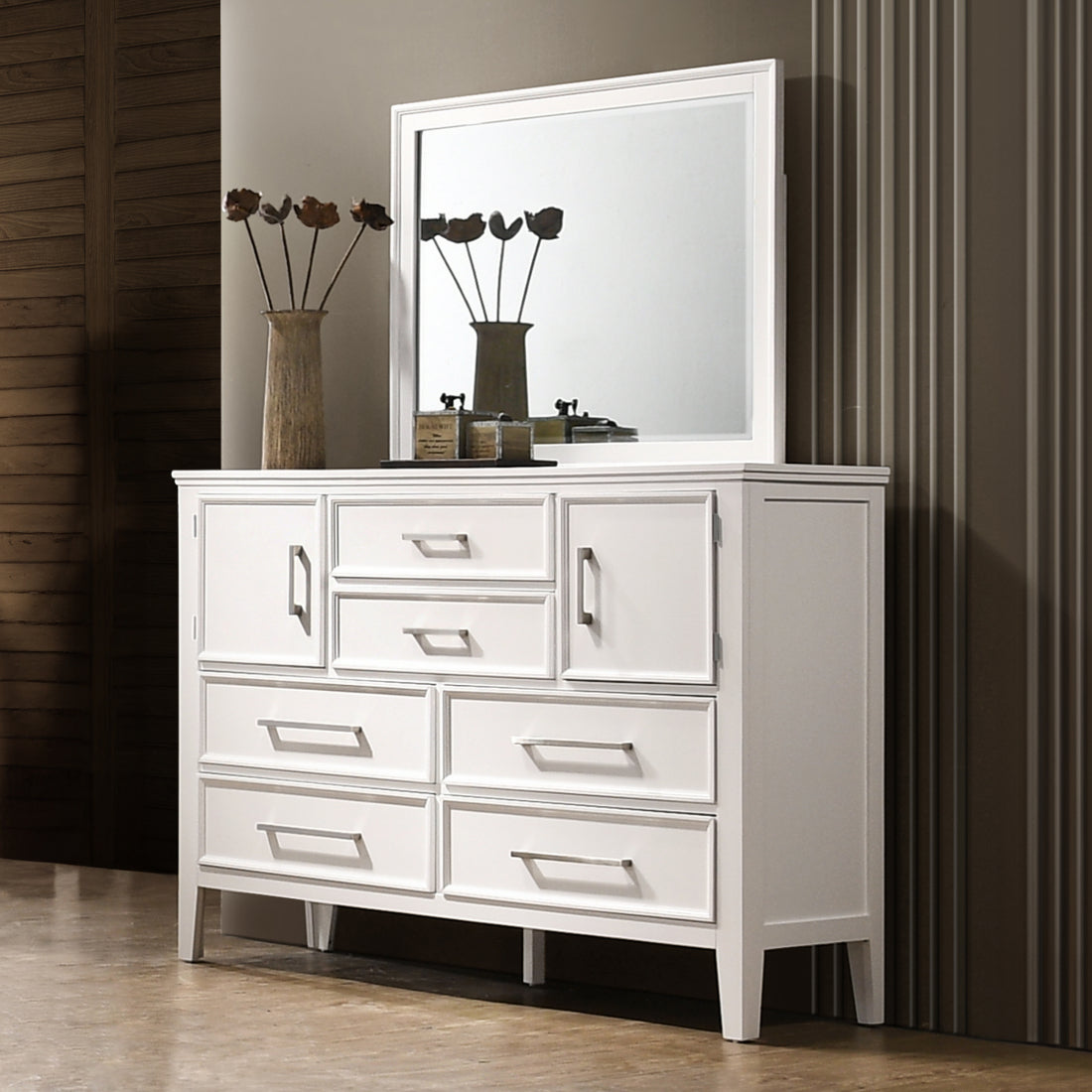 00-677W-4PC 4 pc Andover white finish wood modern rustic style paneled headboard queen bed set