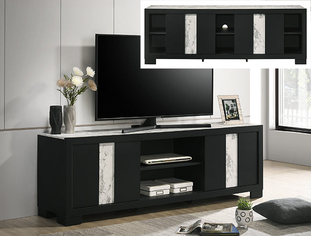 B6835-99 Rangley black finish wood faux marble like accents 2 sliding doors 72" wide TV stand media center