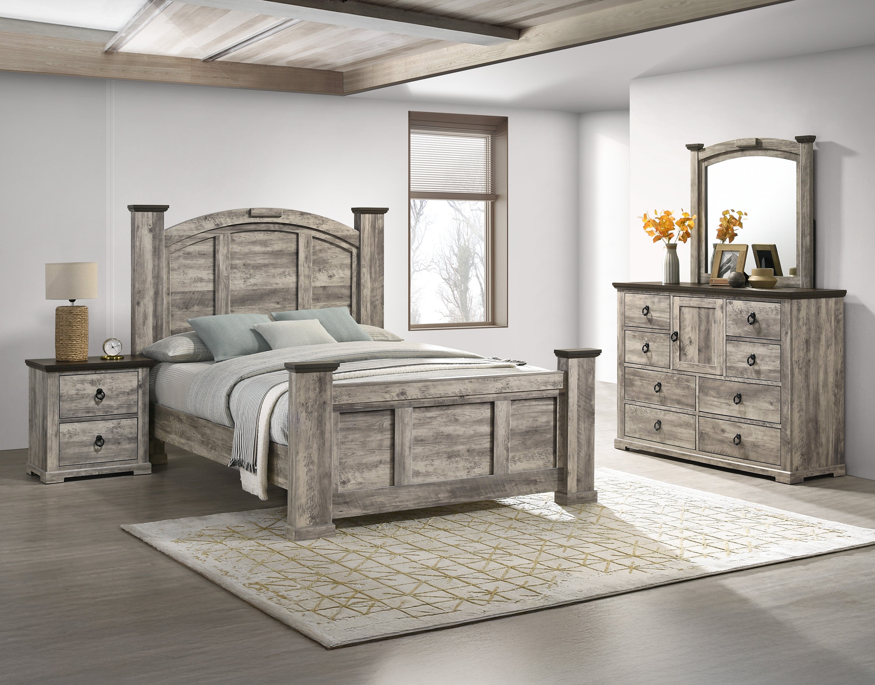 B6840 4 pc Ella Mae rustic driftwood grey finish wood poster queen bedroom set