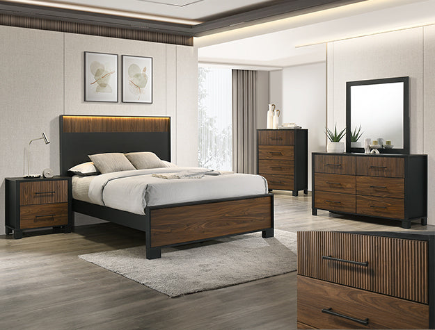 B6950 4 pc Nemy two tone black and brown finish wood panel look wood grain queen bedroom set