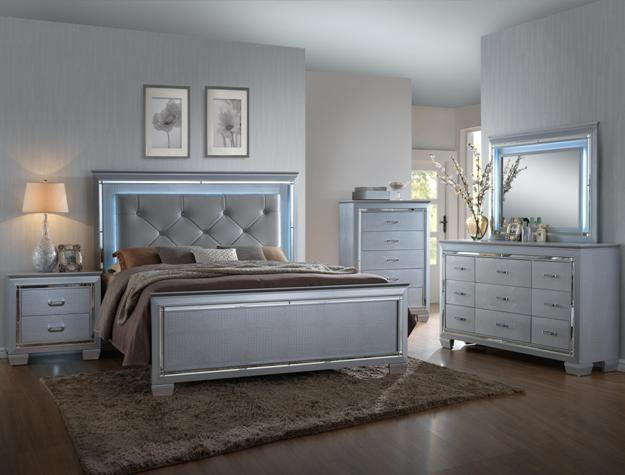 B7100 4 pc lillian metallic wood finish wood queen bedroom set with led accents