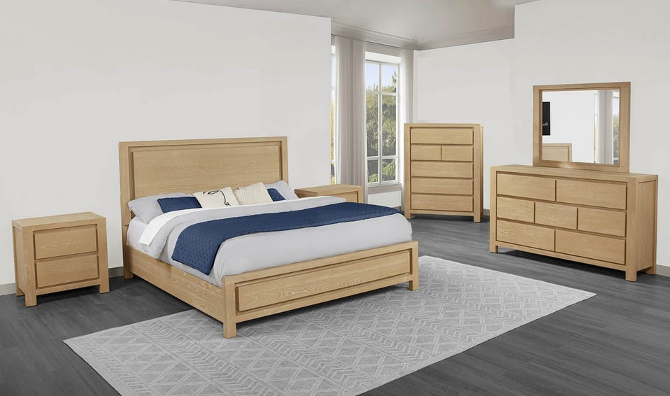 B730-4PC  4 pc Hampton bay modern light oak finish wood queen bed set USB ports