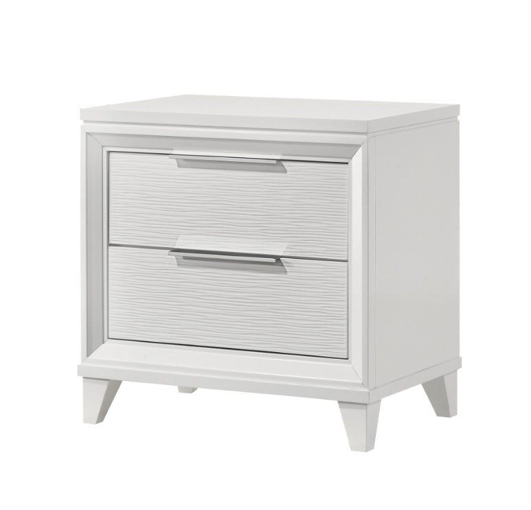 Crown mark B7300 4 pc Cressida white finish wood silver trim highlights LED headboard boucle tufted fabric queen bedroom set