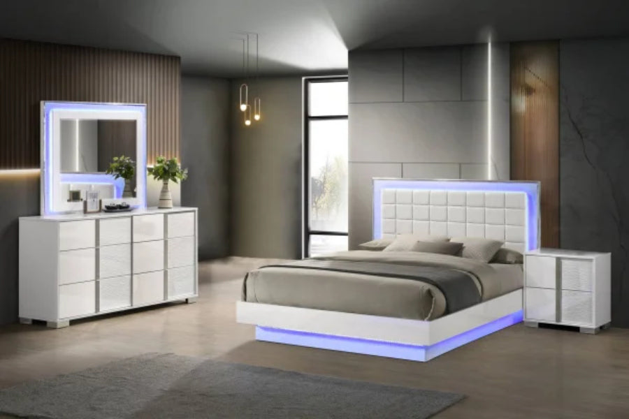 B750-4PC 4 pc Elma white high gloss lacquer finish faux leather queen platform bedroom set with LED